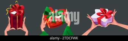Set of female hands holding gift box isolated on background. Vector cartoon illustration of round, heart, star packages wrapped in paper with ribbon bows, Christmas, birthday, Valentine Day presents Stock Vector
