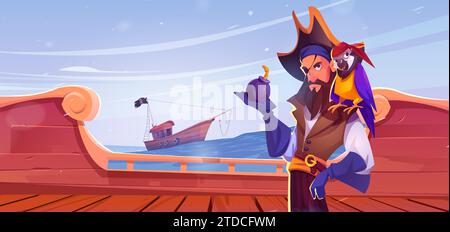 Pirate with eye patch, parrot on his shoulder and bomb in his hand stands on wooden deck of ship in open sea. Cartoon vector illustration of corsair captain in pirate tri corn hat with funny bird. Stock Vector