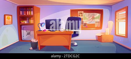 Detective office interior. Vector cartoon illustration of police station room with evidence board on wall, computer on wooden desk, armchair, folders with case documents on shelf, day light in window Stock Vector