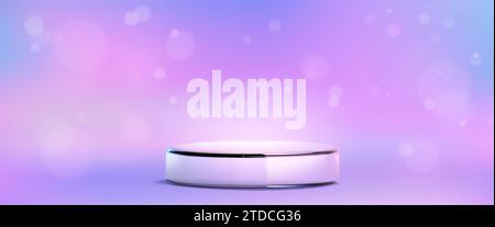 Glass transparent cylinder product podium on abstract pastel pink and purple wall and floor background. Realistic vector plexiglass or plastic round stand for goods display. Pillar crystal pedestal. Stock Vector