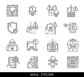 Cyber attack icons. Digital data cyber attack risk, internet network hack treat or computer malware or spyware software danger thin line vector pictograms set with skull, hacker or theft, worm and bug Stock Vector