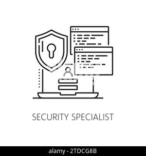 Security team IT specialist icon of internet and data privacy protection, line vector. IT security support or technical administration specialist for server cloud and computer network administration Stock Vector