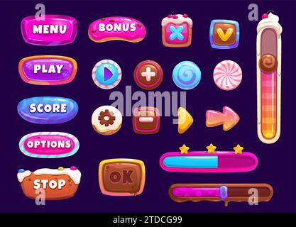 Game interface candy buttons and window, loading bar, slider, menu panel. Mobile game user or app sweet desserts interface, options and media candy and bakery buttons, volume sliders, GUI elements set Stock Vector
