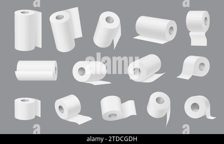 Realistic toilet and towel paper, hygiene icons. Kitchen cleaning towels. Lavatory, bathroom toilet paper rolls or tubes, shop payment receipt spools isolated 3d vector mock up set Stock Vector