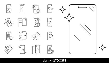 Smartphone glass protection, insurance and mobile phone screen repair service, vector line icons. Smartphone glass protection from water and scratch, protective case and mobile phone unlock pictograms Stock Vector