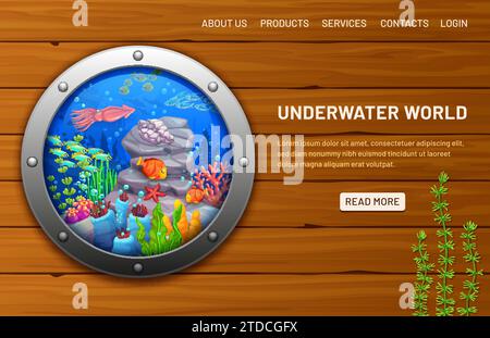 Ship porthole with underwater landscape. Landing page of website vector template with cartoon under water world, tropical ocean fish, squid, seaweed and shell in porthole frame on wood background Stock Vector