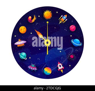 Galaxy clock with space planet, rocket and alien. Astronomy elementary school education, galaxy exploration cartoon vector concept with fantasy planets, comets, rocket and UFO spaceship on clock dial Stock Vector