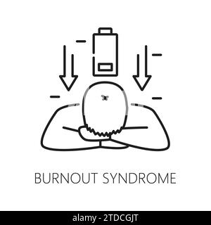 Burnout syndrome. Psychological disorder problem, mental health icon. Psychotherapy, human psychology or mental disorder problem thin line vector icon with tired, stressed man, low energy battery Stock Vector