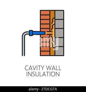 Cavity wall thermal insulation icon. Home facade thermal isolation technology outline sign, house construction energy save and heat protection technology thin line vector icon or pictogram Stock Vector