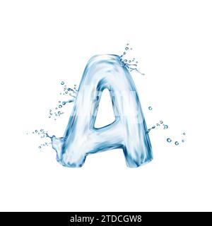 Realistic water font, letter A flow splash type, liquid aqua typeface, transparent wet english alphabet. Isolated 3d vector uppercase sign embodies fluid elegance, with graceful ripple glossy curves Stock Vector