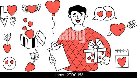 Love set. Cute man courier with gift, Heart, love symbols, valentines, balloon. Vector isolated romantic elements doodles for festive design for Valen Stock Vector