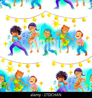 Cartoon seamless pattern with cheerful boys and girls dancing in kids party. Celebrating concept. Creative decor for fabrics, packaging, textiles Stock Photo