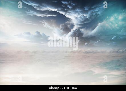 The sky is turquoise blue with some clouds. View above the clouds. Summer blue sky cloud gradient light white background. A cloudy beauty evident Stock Photo