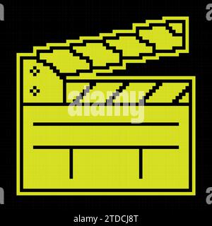 Pixel silhouette icon. Clapper board for shooting film in open position. Assistant director. Simple black and yellow vector isolated Stock Vector
