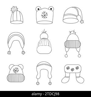 Set of Doodle-style winter hats. Different types of children's and adult hats Stock Vector
