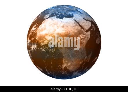 Planet Earth with blue and brown clouds, Europe, part of Asia and Africa . Planet earth with some clouds. Americas view Stock Photo