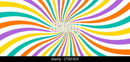 Swirling radial psychedelic background. Groovy vortex spiral twirl. Twirl sunburst pattern. Colorful lollipop texture. Swirl candy background. Vector Stock Vector