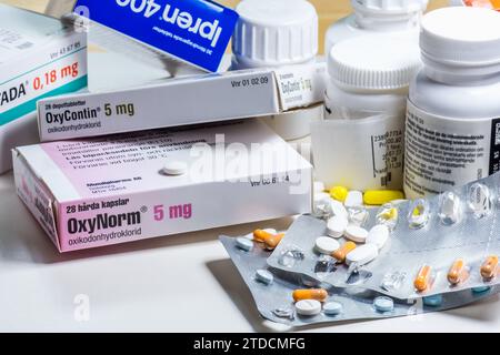 Many medicines with packaging and jars Stock Photo