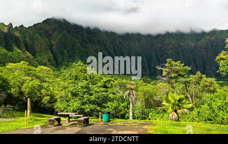 Ho'omaluhia Botanical Garden with views of Ko'olau mountains on O'ahu island, Hawaii Stock Photo