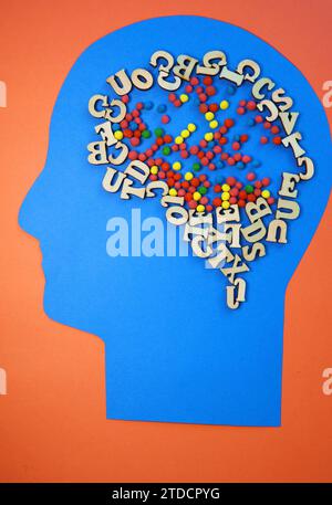 Diagram showing the human brain using a wooden panel Stock Photo