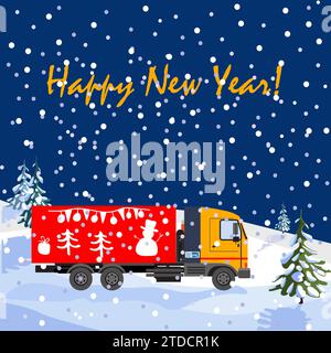 New Years Eve card cover. Cartoon red truck for gifts in a winter forest in snowfall. The vector can be used on website, brochure, poster, social media and print.. Stock Vector