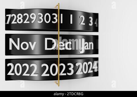 3D illustration black stripe calendar with 12 months, 31 days and 2023,2024 year on white  background. Modern calendar  month . Stock Photo