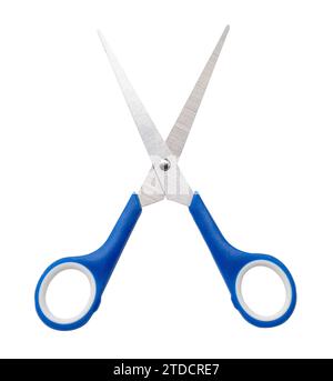 Small multipurpose scissors with blue handle is isolated on white background with clipping path Stock Photo