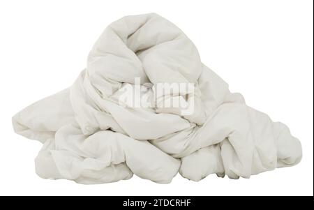 White crumpled dirty blanket bedclothes in hotel room leaved untidy after guest's use over night is isolated on white background with clipping path. Stock Photo