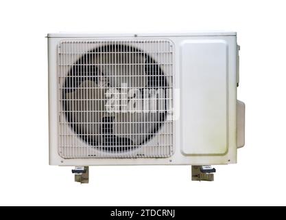 Air conditioner compressor outdoor unit is isolated on white background with clipping path. Condensing unit front view Stock Photo