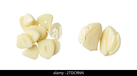 Top view of pounded garlic cloves in set is isolated on white ...