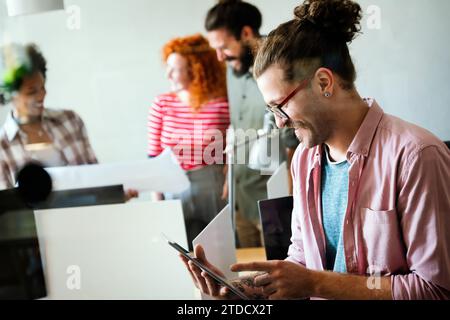 Software, coding and business woman on tablet thinking of data analytics, digital technology. Stock Photo