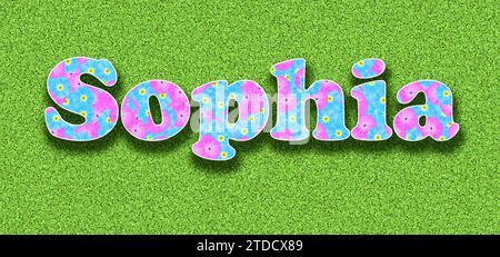 Name Sophia, one of the ten most popular girls' first names in Germany in 2023 with pink and light blue flowers as a graphic Stock Photo