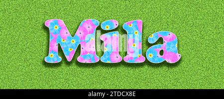 Name Mila, one of the ten most popular girls' first names in Germany in 2023 with pink and light blue flowers as a graphic Stock Photo