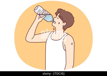 Thirsty young man suffer from heatstroke drinking water from bottle. Guy enjoy clean still liquid struggle with thirst or heat. Vector illustration. Stock Vector