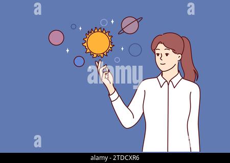 Woman studies outer space and solar system to make astrological forecast for future, dressed in business clothes. Planets and stars from space or neighboring galaxy near scientist girl Stock Vector