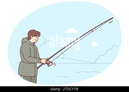 Male character with rod sitting on bank of river catching fish, isolated  fisherman on weekends relaxing by water. Hobby of man wearing special  costume Stock Vector Image & Art - Alamy