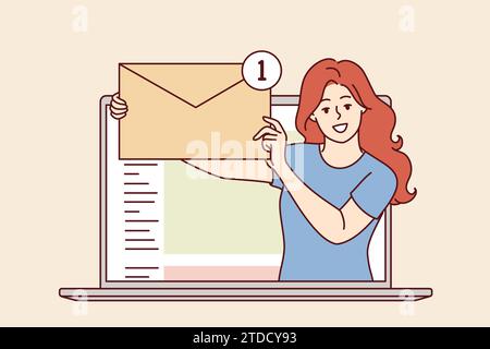 Email messages in hands of woman looking out laptop and holding large envelope. Girl encourages you to check your internet mail and reminds that there are unread emails with important information.  Stock Vector
