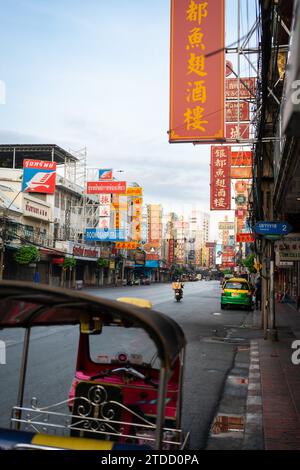 Bangkok, Thailand - Dec 5, 2023: Morning street view of Yaowarat road, main street of Chinatown in Bangkok, Thailand. Stock Photo