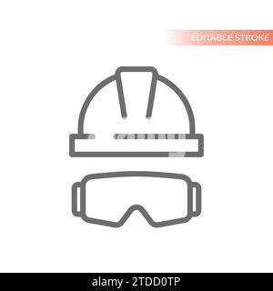 Hard hat and protective glasses icon. Hardhat line vector symbol. Stock Vector