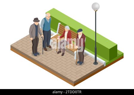 Isometric seniors, old men and women. Group of senior people enjoying in conversation Stock Vector