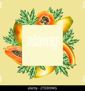 Marker frame, logo and templates with sweet ripe slice of papaya with grains in watercolor style. Hand drawn realistic tasty organic illustration of e Stock Photo