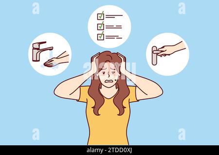 Woman with ocd syndrome clutches head for fear of contracting infection, stands near icons with faucet and door handle. Girl with ocd or obsessive compulsive disorder needs treatment from psychiatrist Stock Vector