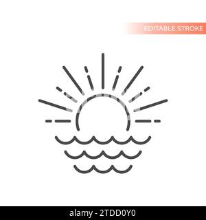 Sun and sea waves vector icon. Travel and vacation outline symbol. Stock Vector