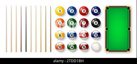Billiard balls with numbers, various cues and green pool table. Glossy snooker ball. Sports equipment, recreation and hobby, competitive game. Vector Stock Vector