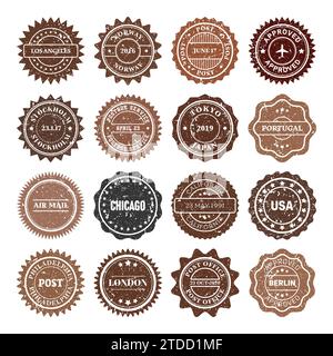 Post stamps, labels and badges. Grunge imprints and postmarks. Brown vintage circle postcard watermarks. Used envelope design elements. Vector Stock Vector