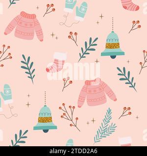 Christmas seamless pattern with sweaters and bells. Seasonal winter design. Cute vector illustration in flat cartoon style Stock Vector