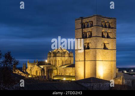 Una almena del castillo de Zamora, es un imponente mirador desde el que contemplar la catedral, espectacular con su iluminación nocturna. España Stock Photo