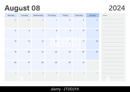 2024 August desk planer calendar weeks start on Monday in light blue and gray theme with empty line memo note space, vector design Stock Vector