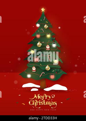 Decorated Christmas tree on red background with merry Christmas text, vector design Stock Vector