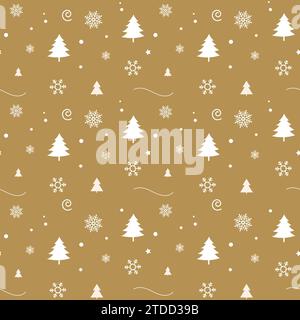 Festive Christmas tree and snowflakes seamless pattern on gold background, vector design, for gift wrapping paper Stock Vector